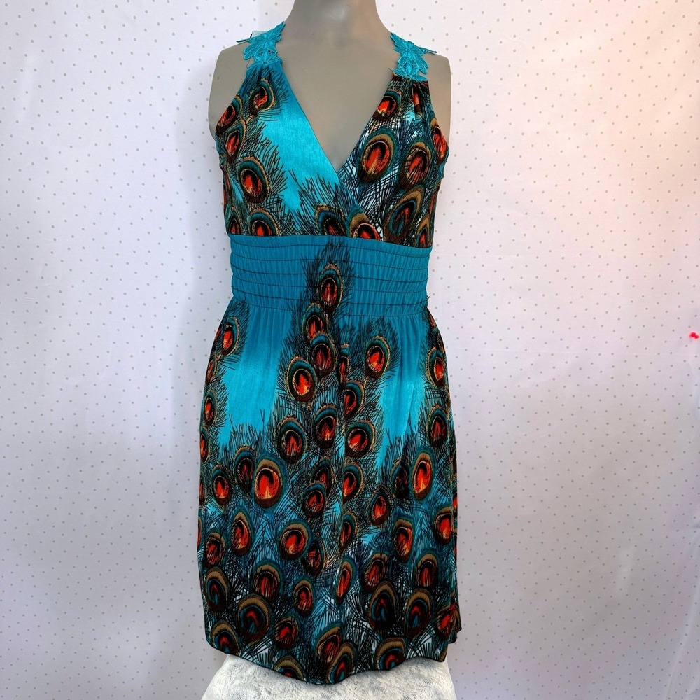 OB Fashion Peacock Print Dress L Turquoise Orange Crochet Lace Back Smocked Boho